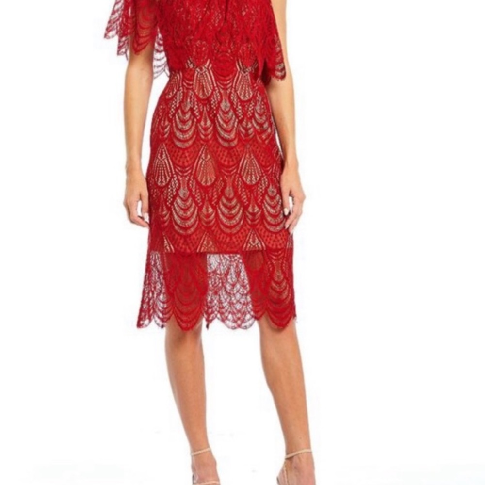 Dress the Population Lace One Shoulder Midi Dress Ruby Red